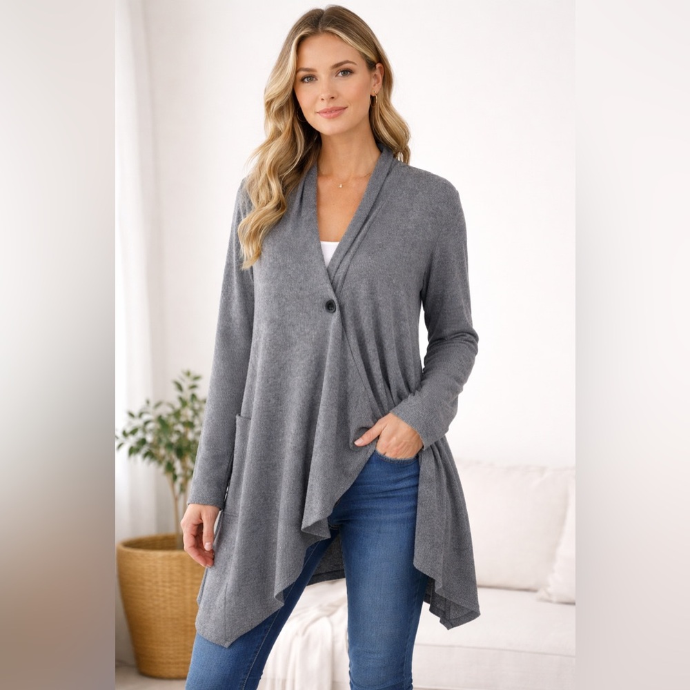 Sz 0X Calvin Klein Gray Ribbed Draped Cardigan NWOT $139 MSRP